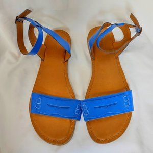 G.H. Bass & Co Blue Leather Flat Sandals 8.5 M 8 1/2 Ankle Strap Raw Edged Comfy